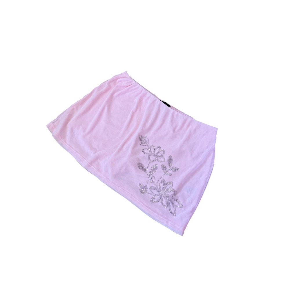 Y2K 2000s style Derek Heart Pink Mesh Rhinestone Floral Mini Skirt with shorts - Picture 2 of 8